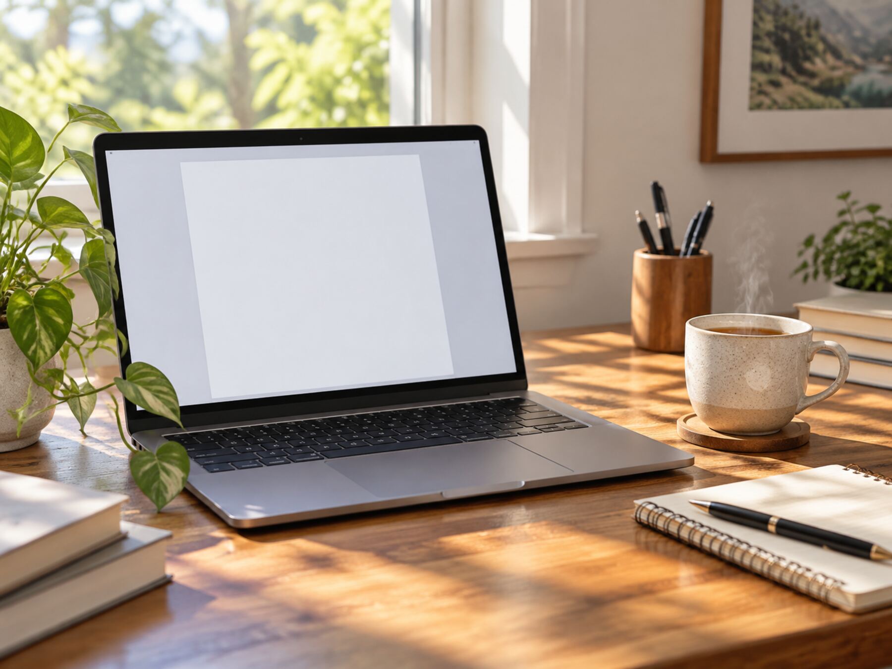 Laptop on a desk with tea and a notebook